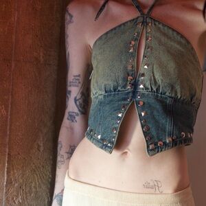 The Ragged Priest Studded Halter Denim Top